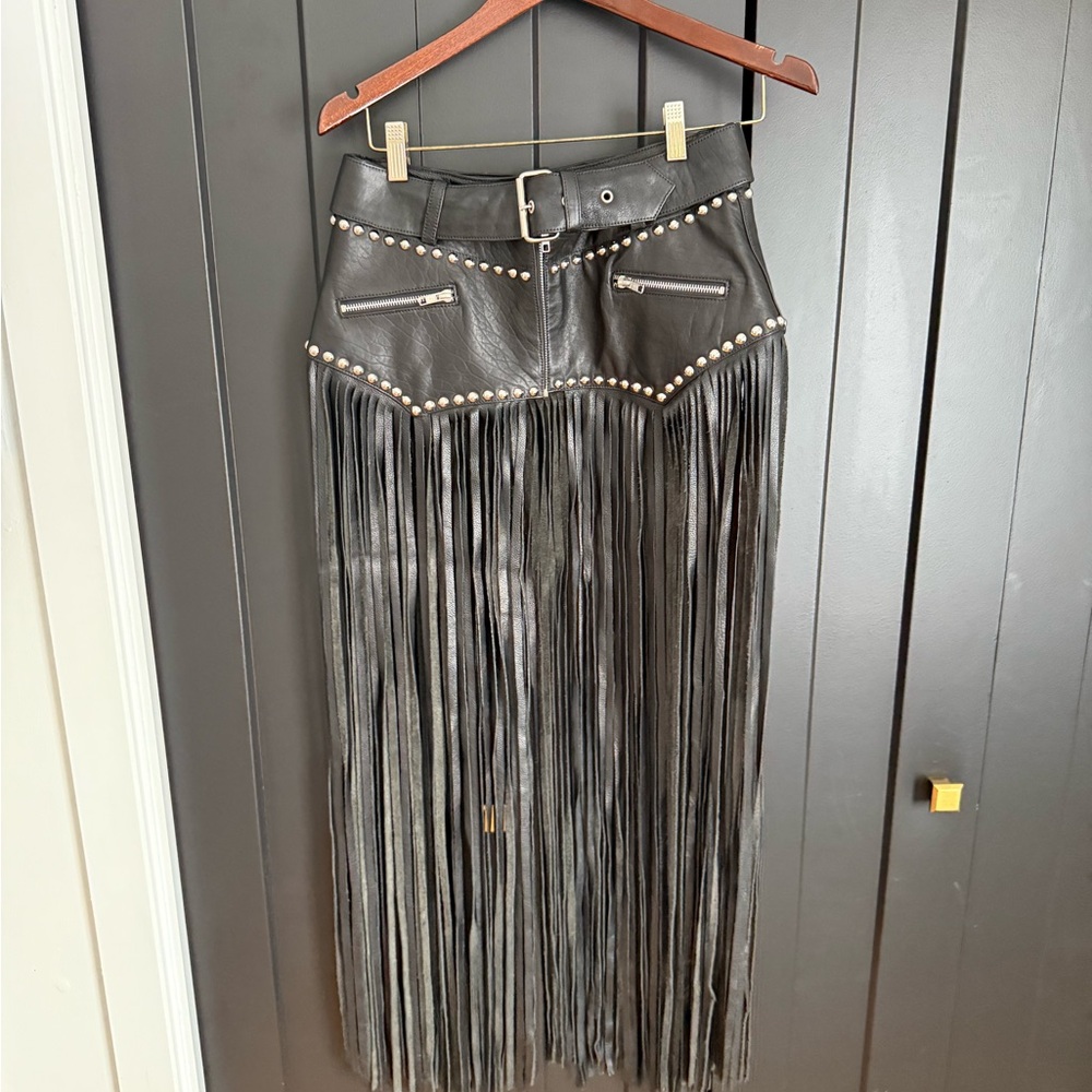 Black Fringe Genuine Leather Skirt